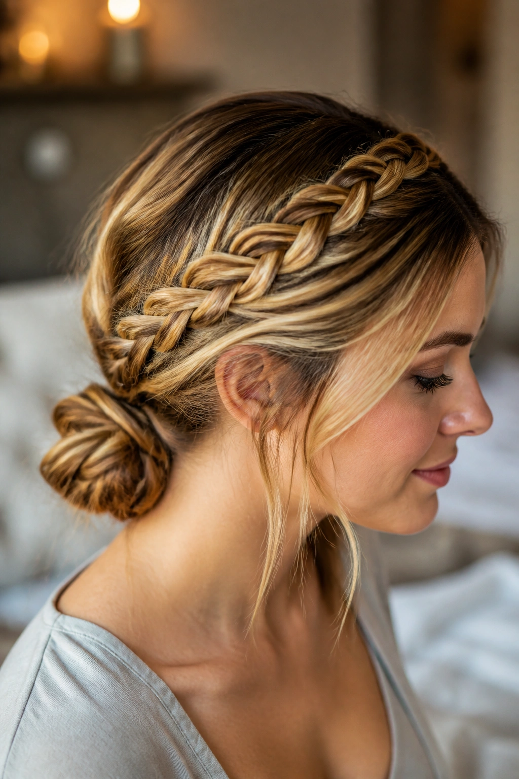 Portrait of a real woman with a braided crown tucked into a low knot