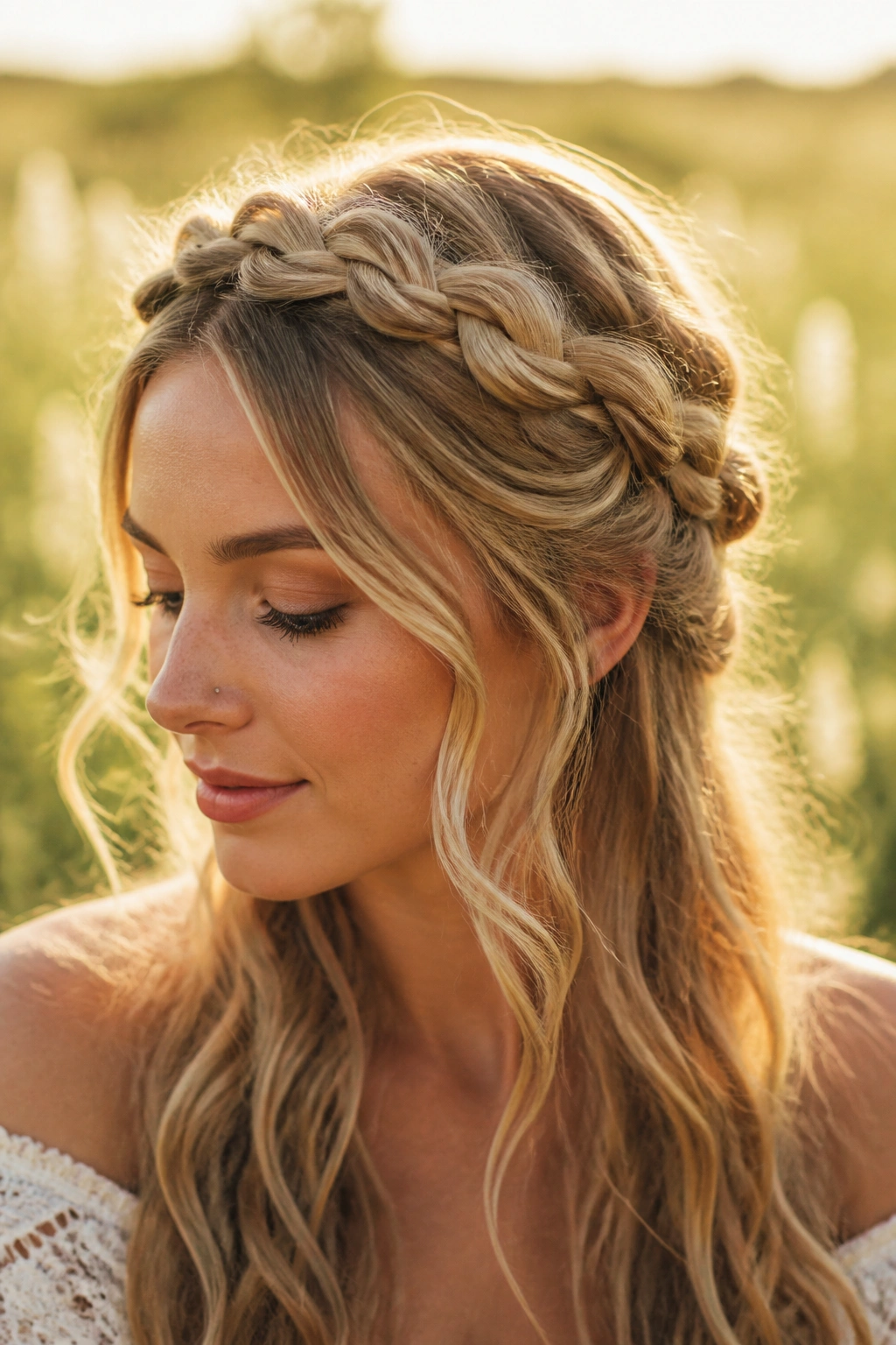 Close-up of a real woman with a braided crown and soft tendrils in golden hour light.