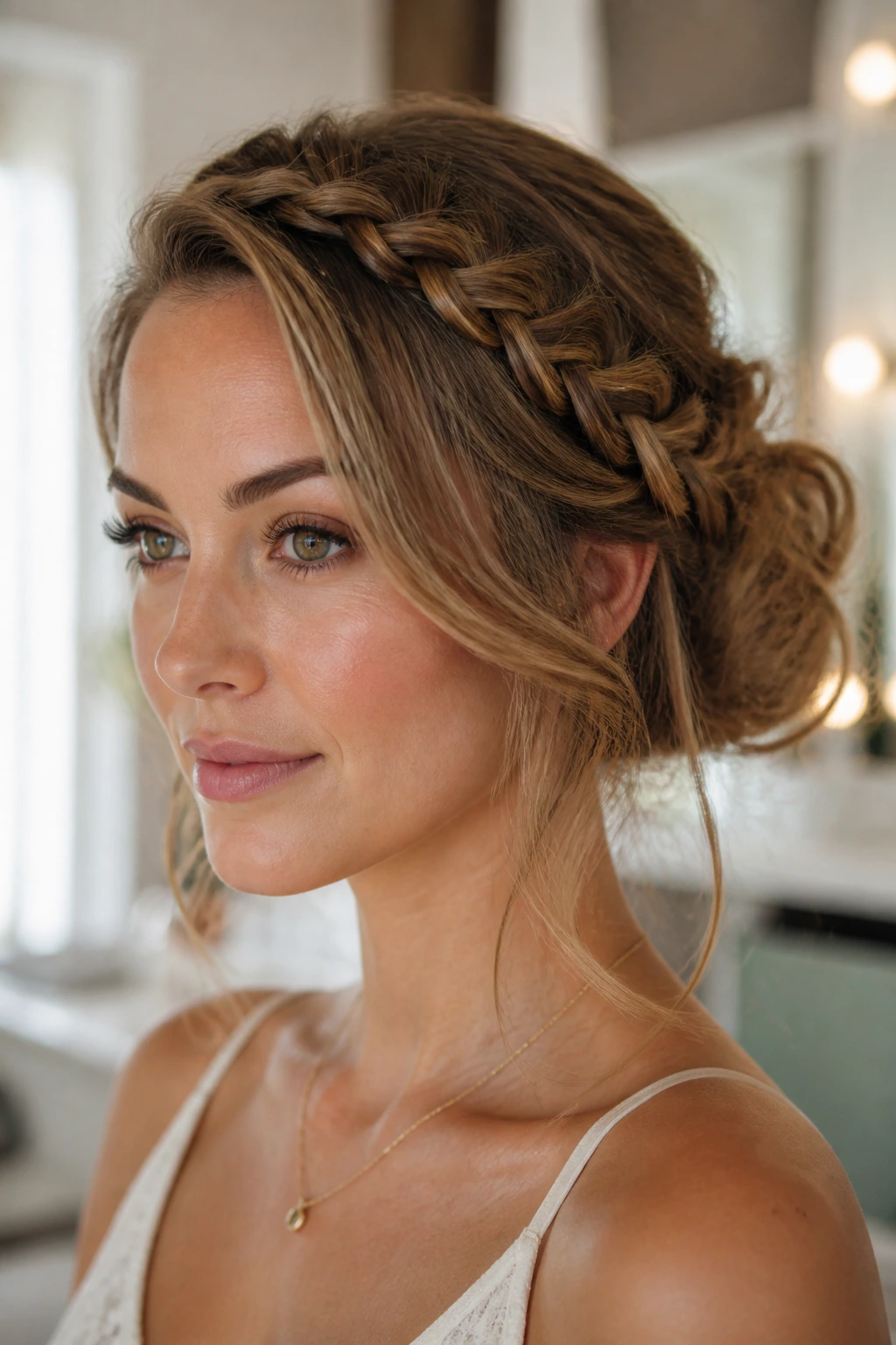 Close-up of a real woman's head showing crown braid into a loose bun