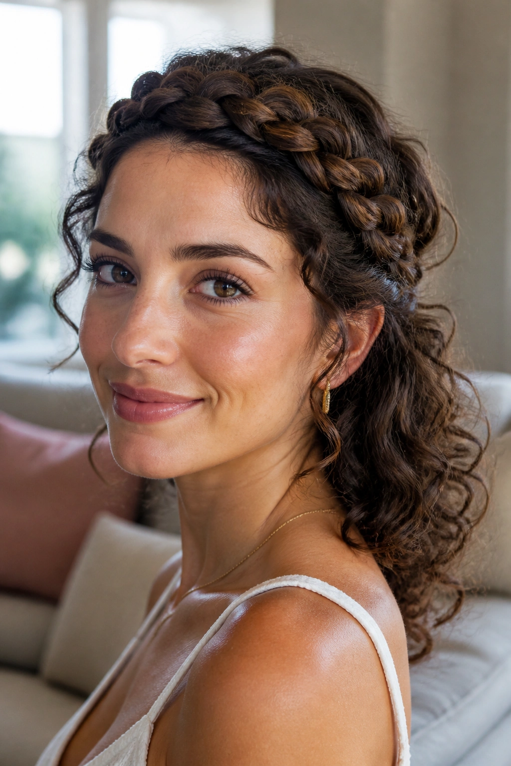 Close-up of a real woman wearing a braided crown with loose ends