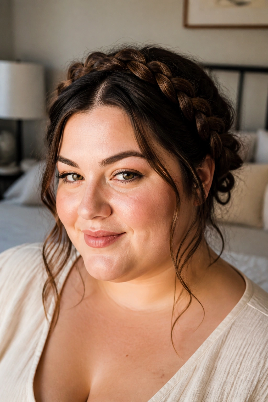 Close-up of a real woman wearing a braided crown with loose ends
