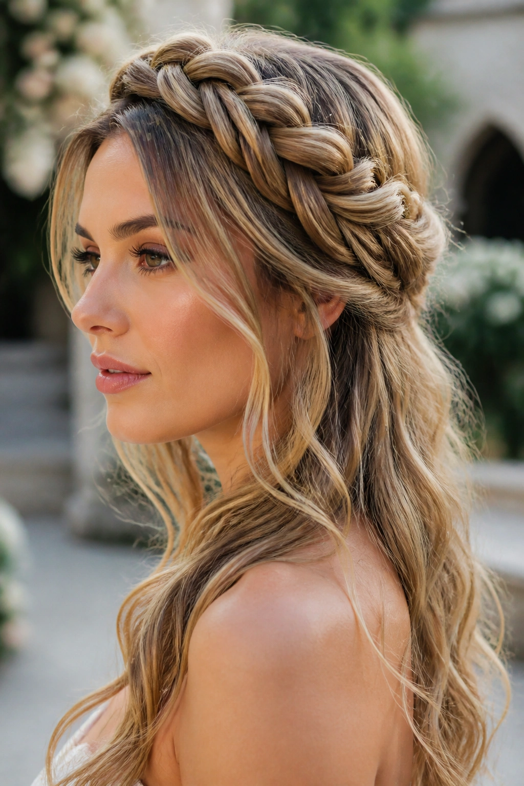 Close-up of a real woman wearing a braided crown with loose ends