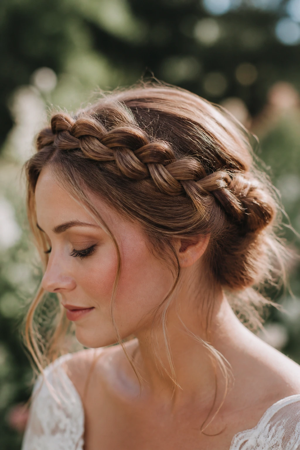 Close-up of a real woman wearing a loose, airy braided crown