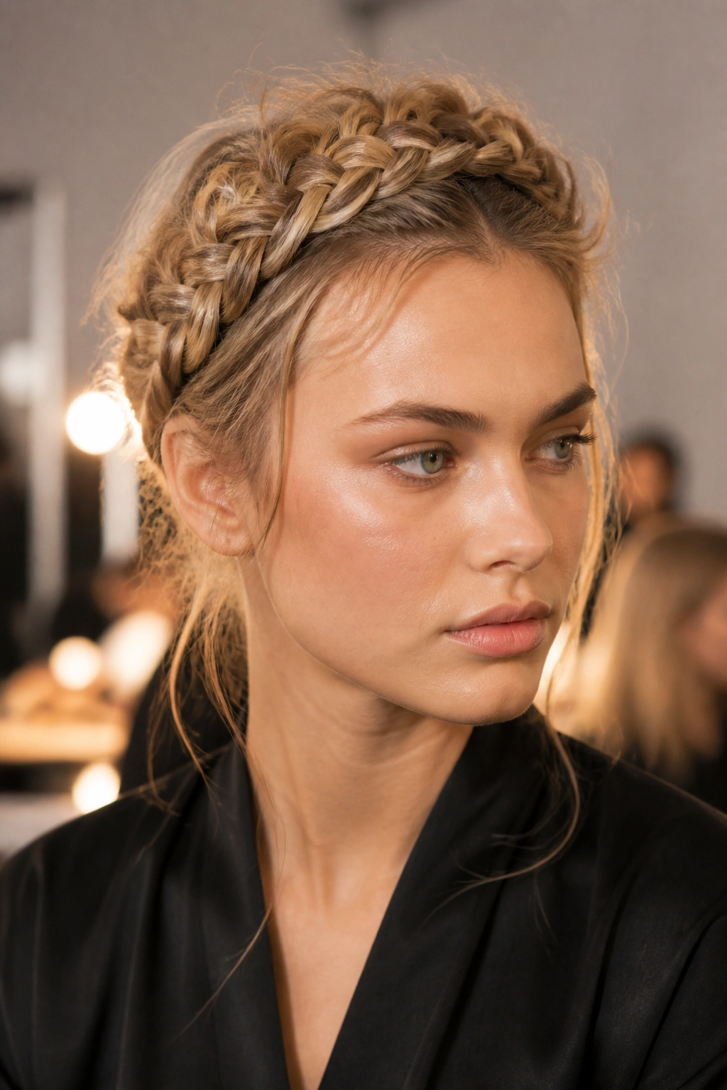 Close-up of a real woman wearing a braided crown with loose ends