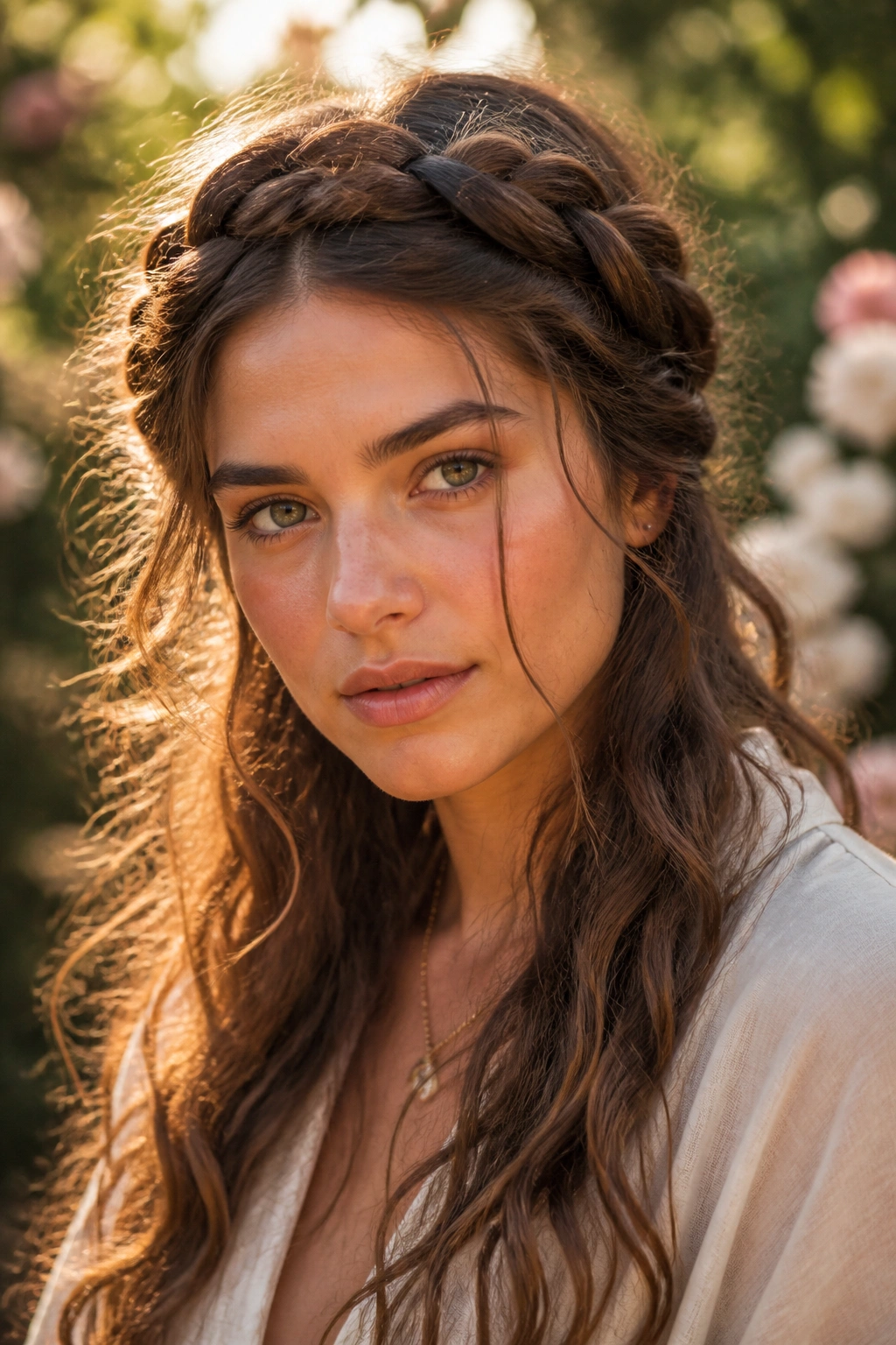 Portrait of a person wearing a braided crown with loose ending strands in soft garden light