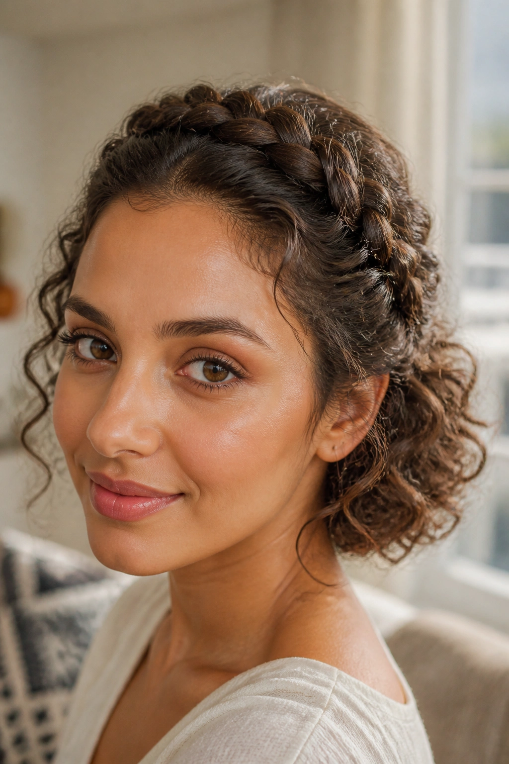 Close-up of a real person with a crown braid and loose curls at the back