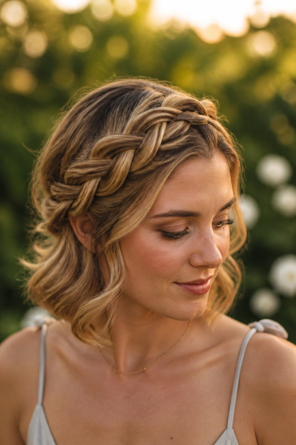 Close-up of a real woman wearing a braided crown with loose ends in an outdoor garden.