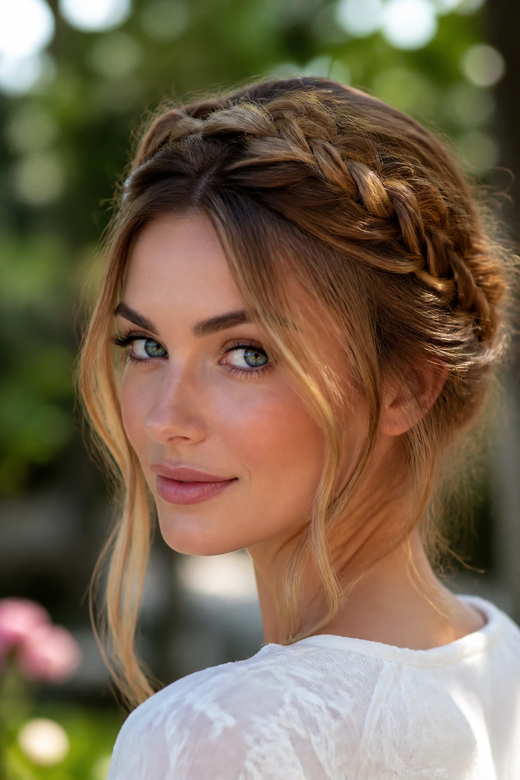 Real person with braided crown and loose front pieces framing the face