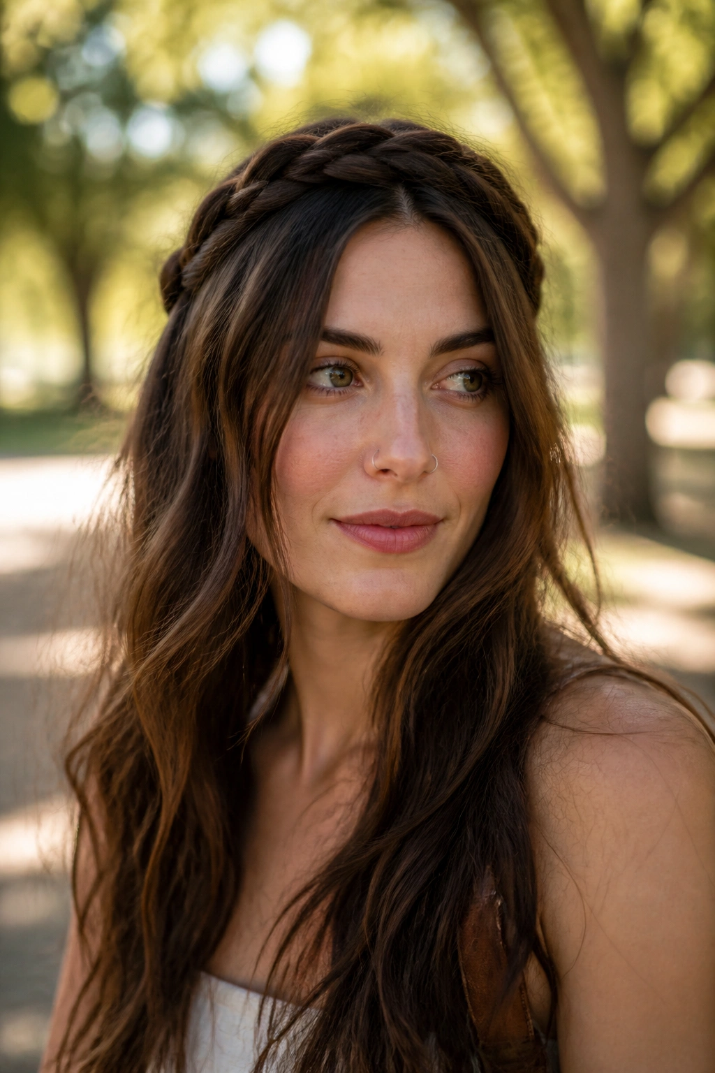 Close-up portrait of a woman wearing a braided crown over loose hair in a park