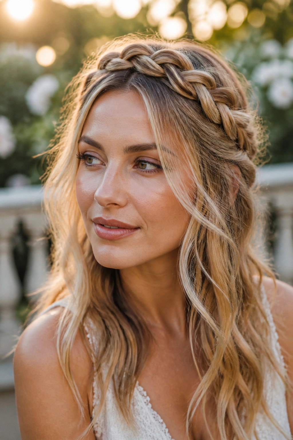 Close-up of a woman with a braided crown and loose length in outdoor garden light