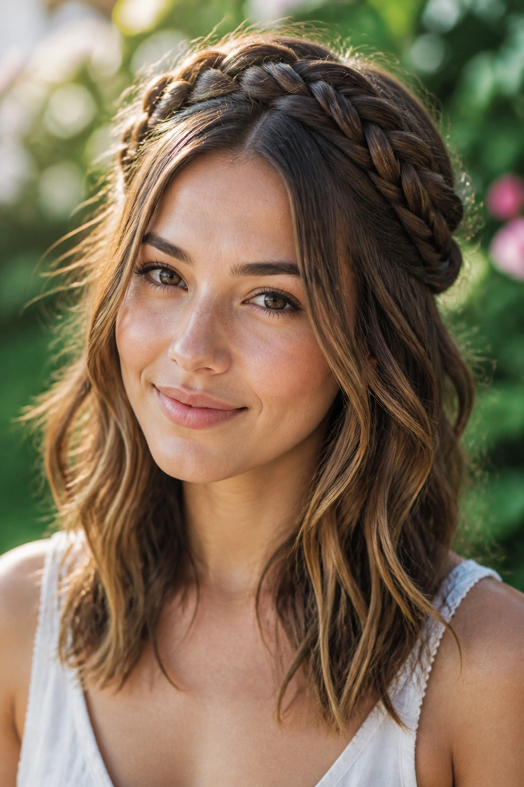 Portrait of real woman with braided crown and loose hair length.