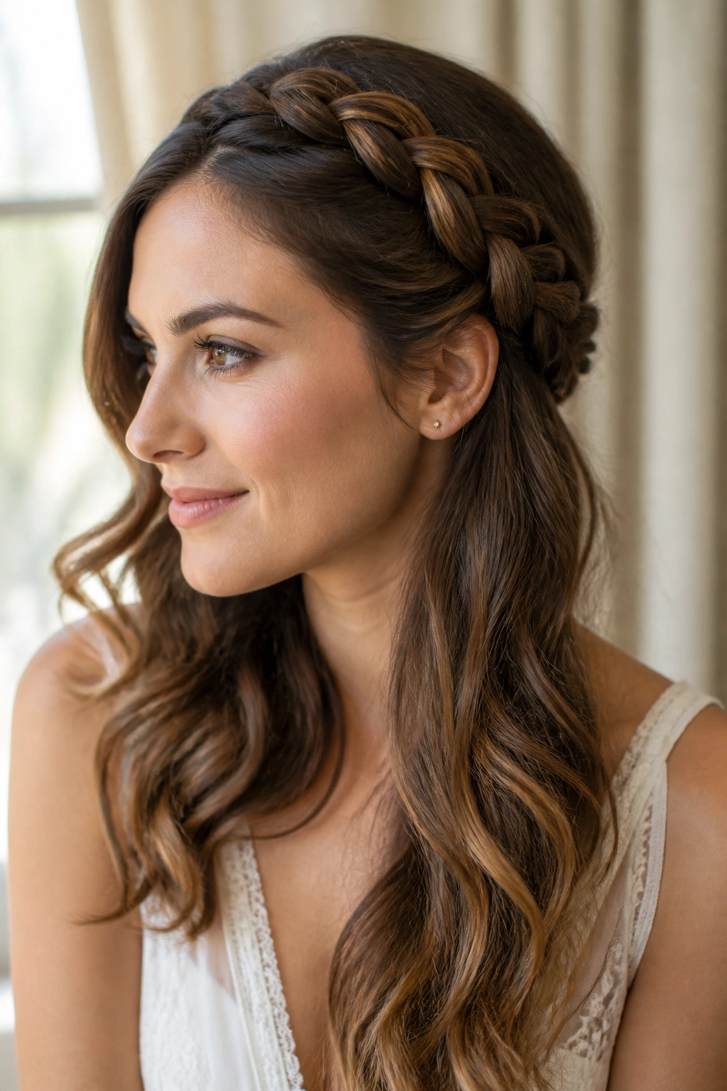 Close-up of a real woman wearing a crown braid leading into loose lengths