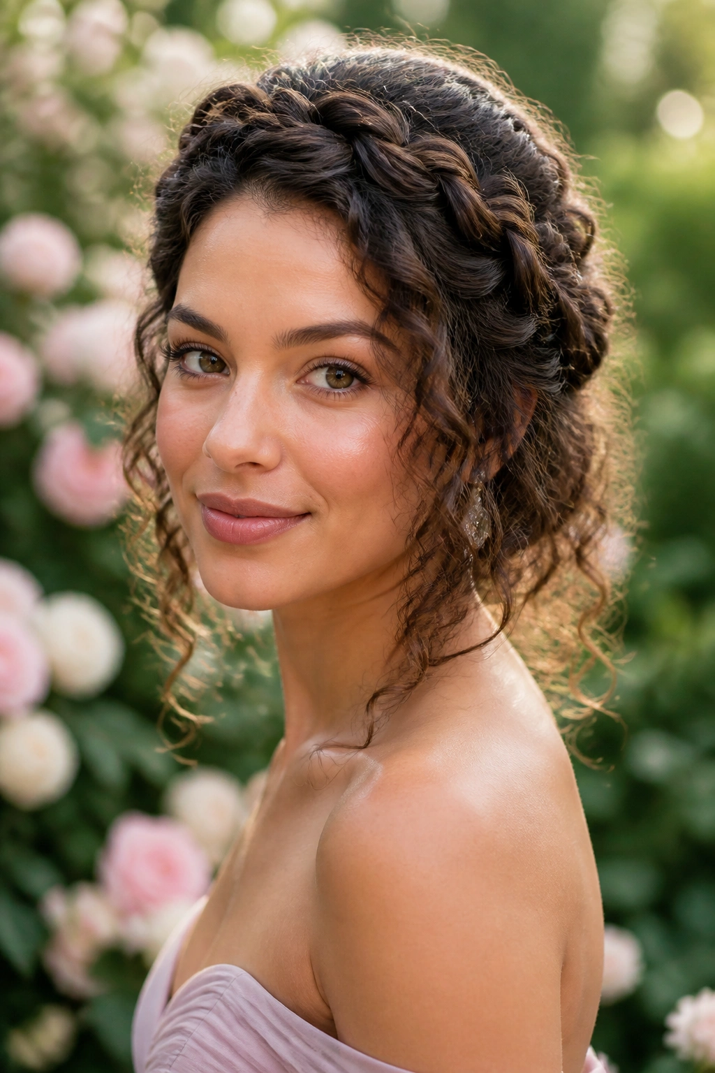 Close-up of a real woman with a braided crown and loose ringlets
