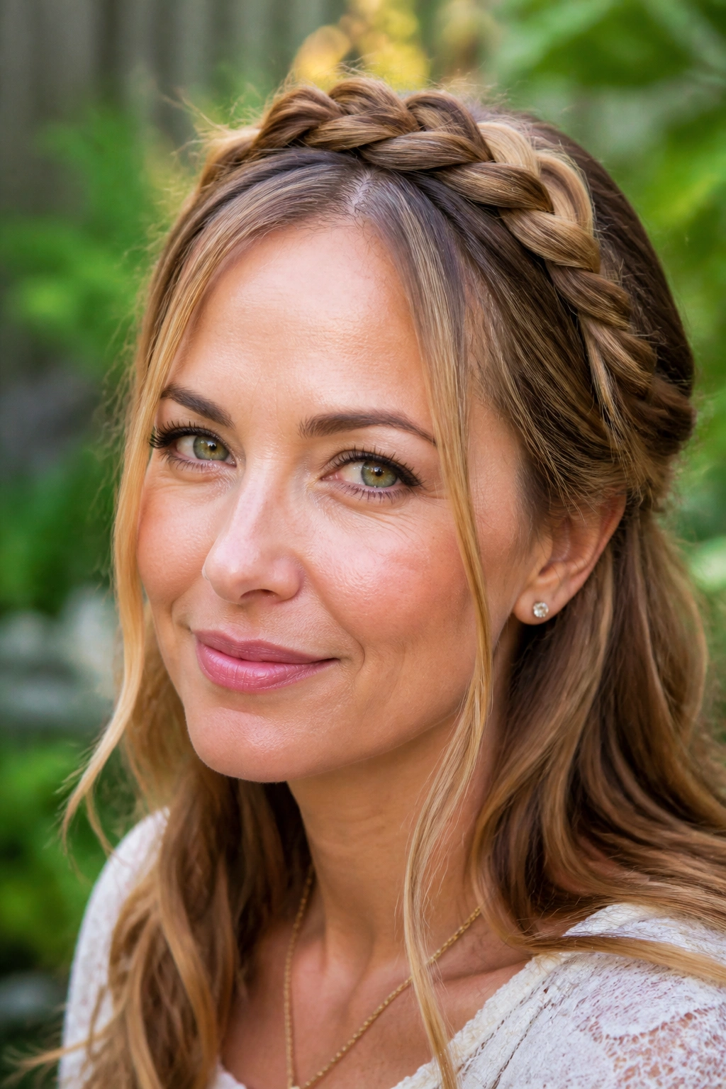 Close-up portrait of a real woman with a soft crown braid and loose front strands framing her face outdoors