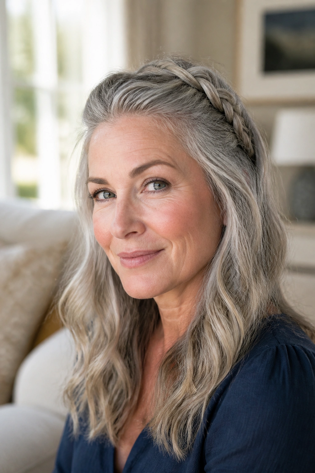Close-up of a real woman with a braided crown accent on loose waves