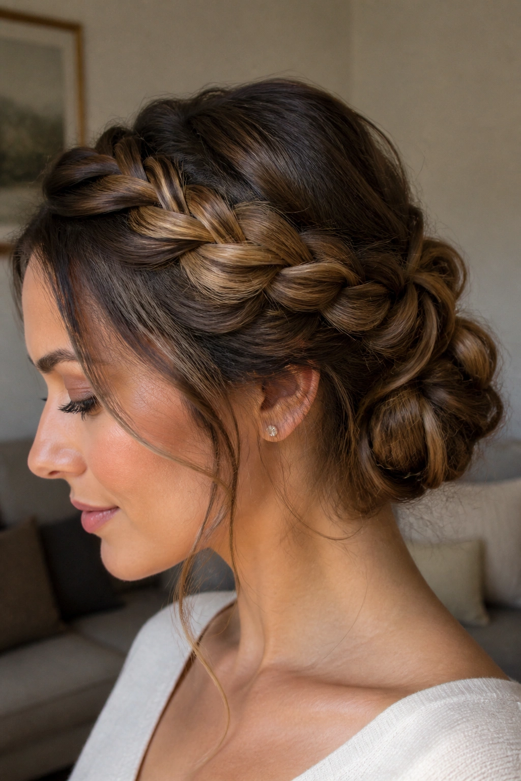 Real woman with braided crown flowing into low chignon at nape.