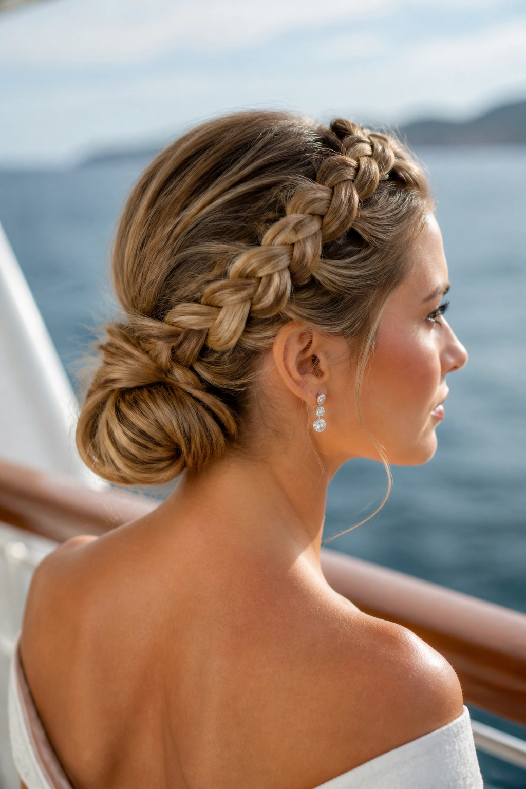 Bride with braided crown into a low knot on a cruise deck