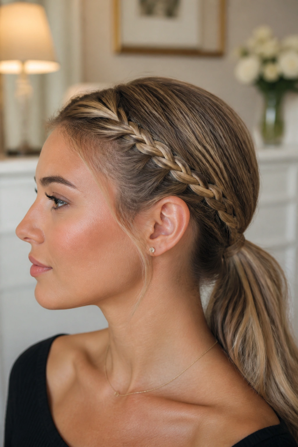 Close-up of real woman with braided crown feeding into a low ponytail in soft daylight