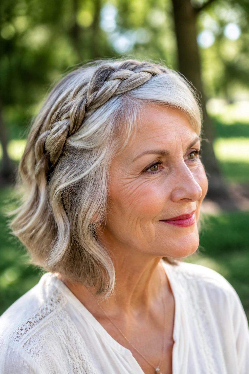 Close-up of a real woman's head and shoulders wearing a braided crown