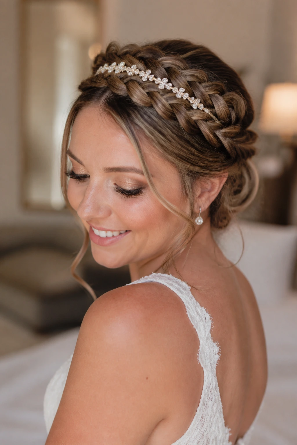 Close-up of a real bride with braided crown and narrow tiara
