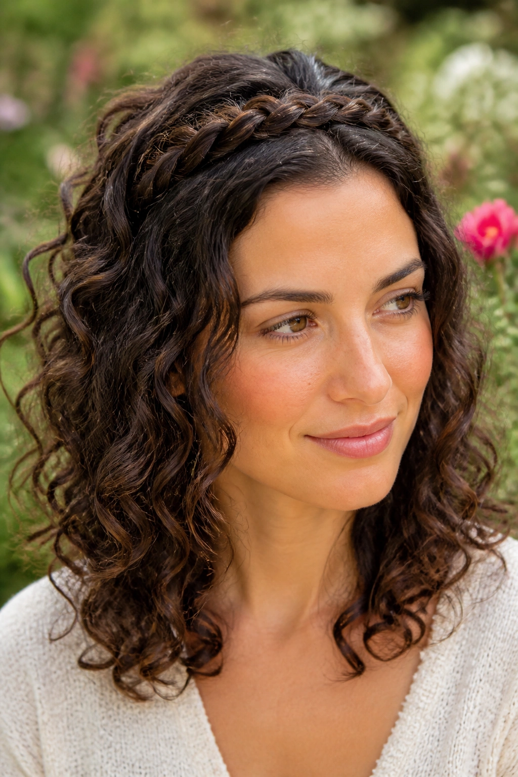 Close-up of braided crown with open ends on a real person outdoors