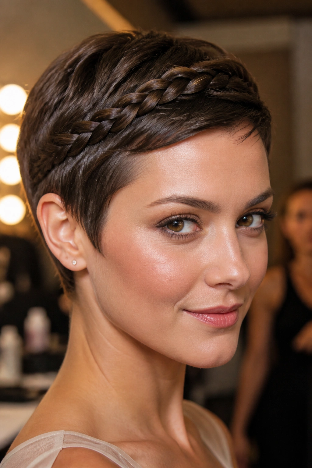 Close-up of a real woman with a braided crown on a pixie cut.