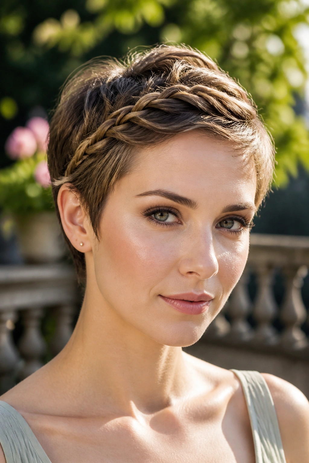 Close-up of a pixie cut with a narrow braided crown along the hairline