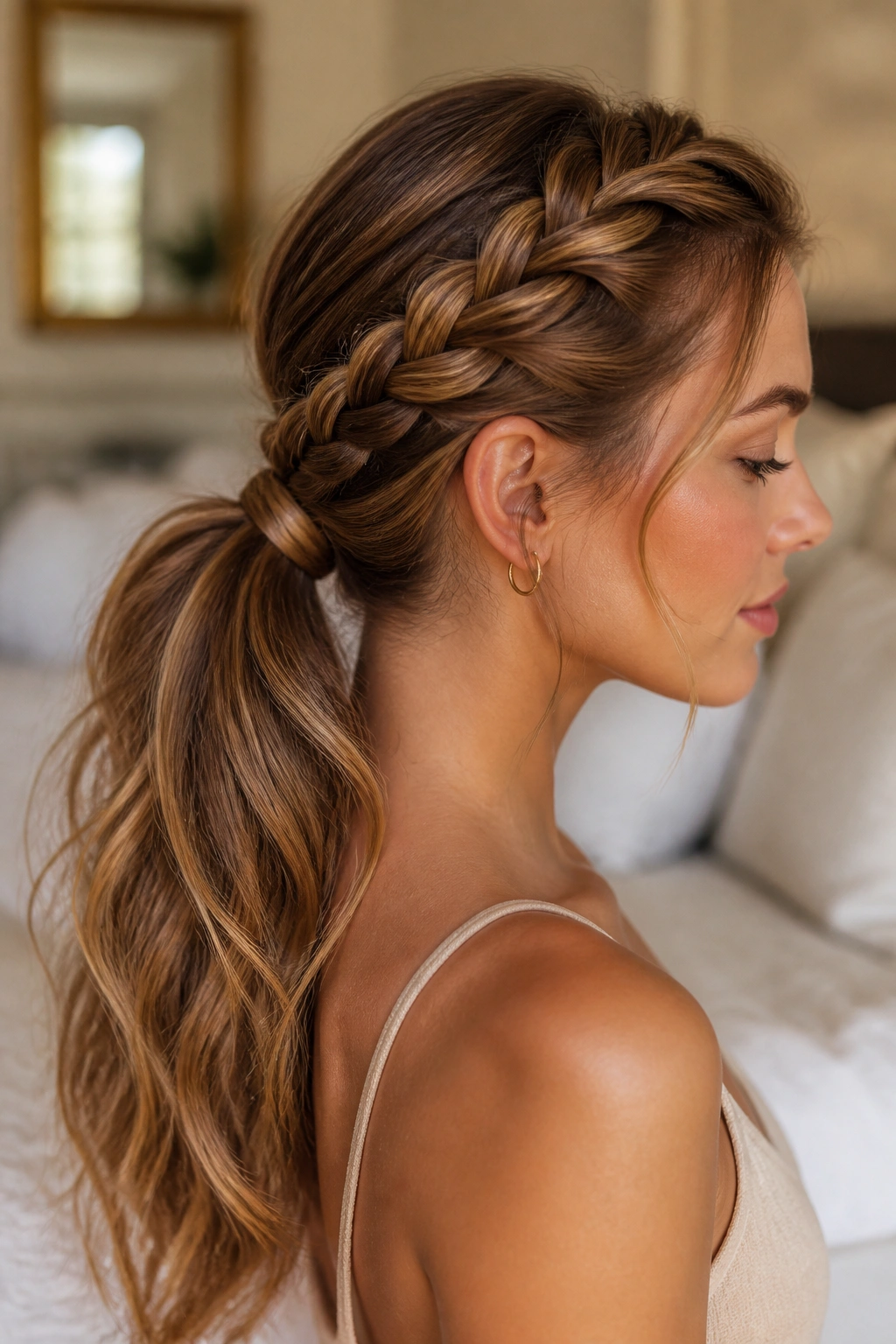 Close-up of a real woman wearing a braided crown ponytail.