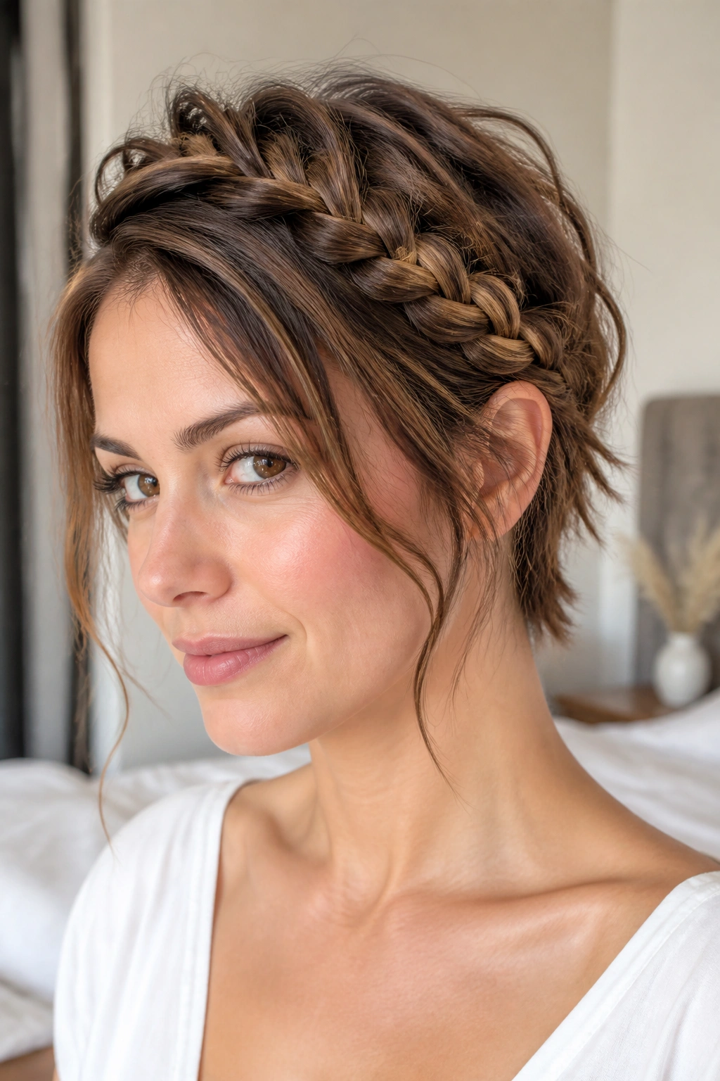 Close-up of a real woman with a loose crown braid across the crown hiding short facial layers