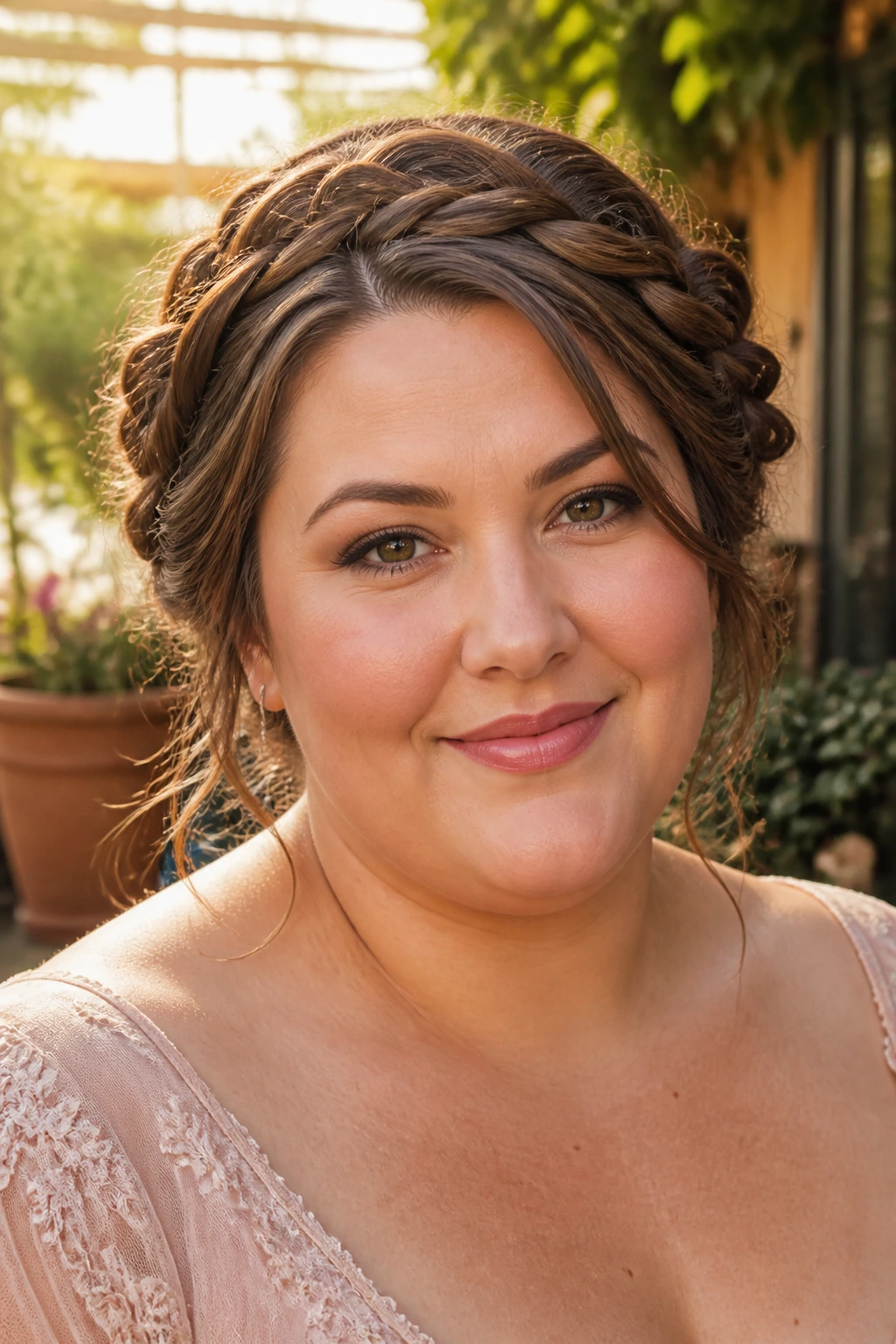 Close-up portrait of a real woman wearing a braided crown outdoors.