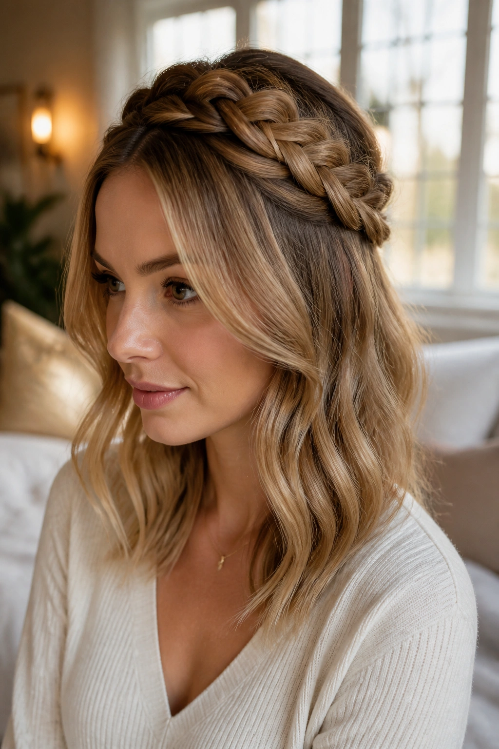Close-up portrait of a real woman with a loose crown braid and soft waves, warm light