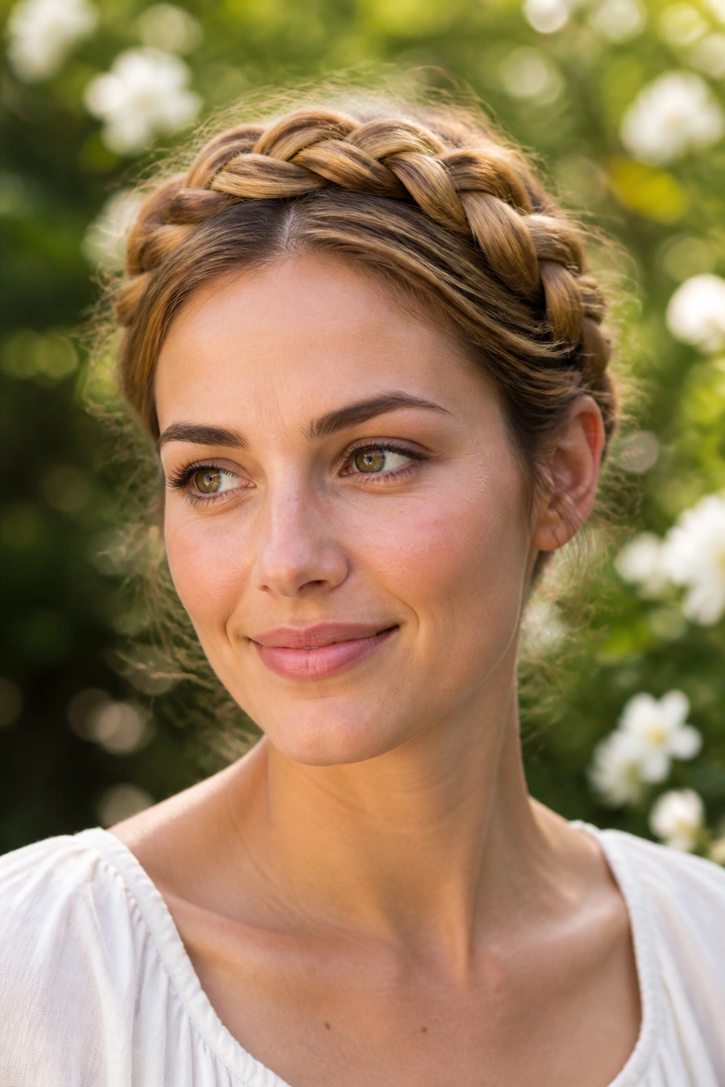 Close-up of a real woman wearing a braided crown outdoors