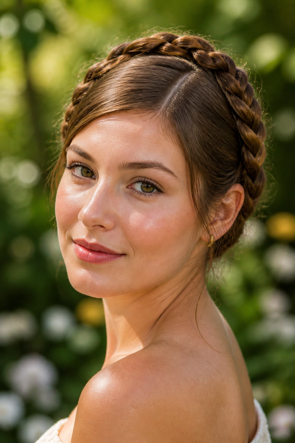 Close-up of a real woman with a right-part braided crown around the head
