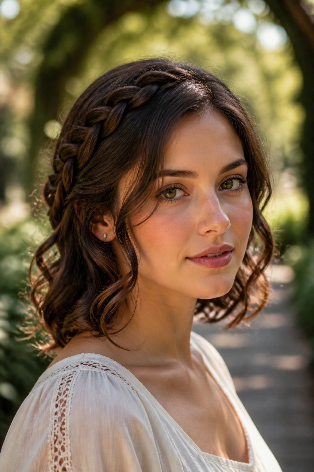 Close-up portrait of a real woman with a braided crown and soft ringlet ends