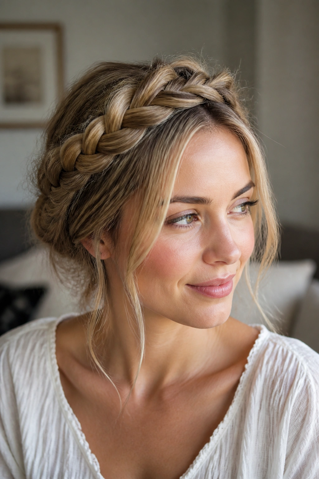 Portrait of a real person wearing a braided crown for second-day hair in a softly lit living room