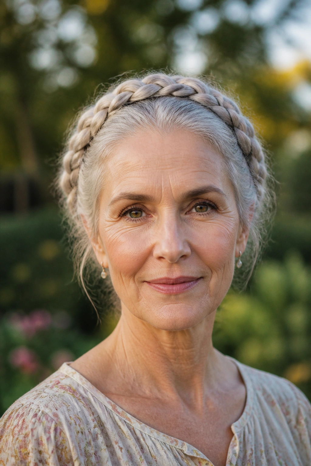 Close-up of a real woman wearing a braided crown