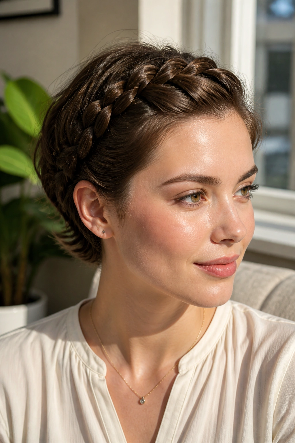 Close-up of a woman with a braided crown on short hair