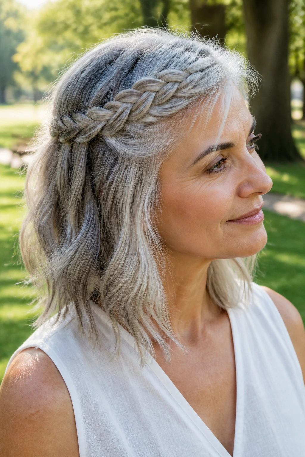 Portrait of a real woman with braided crown accent on shoulder-length gray hair