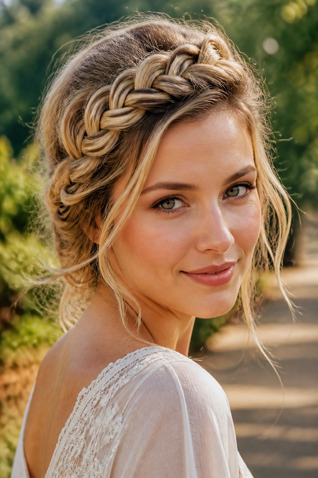 Portrait of a real woman with a loose crown braid swept to one side.