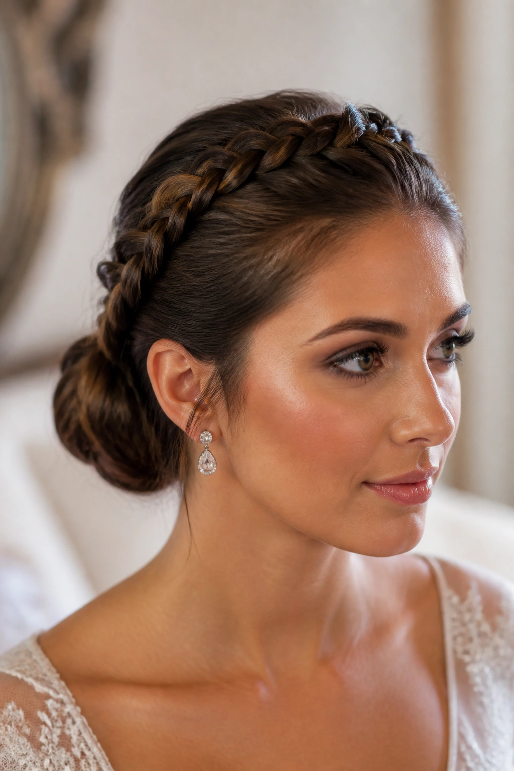 Close-up of a real bride with braided crown leading to a sleek bun at the back.