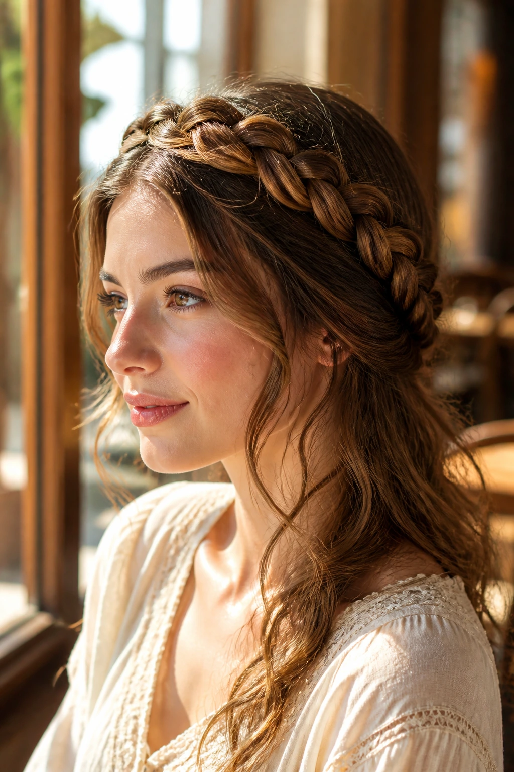 Portrait of a real woman with braided crown and soft ends.