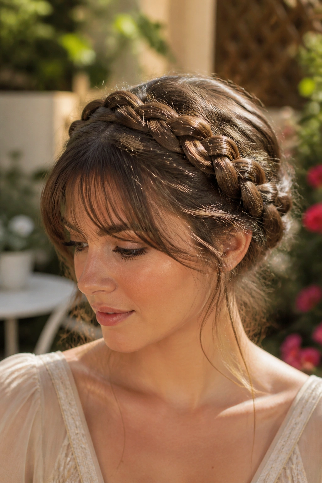 Real person with braided crown and soft fringe outdoors in warm light