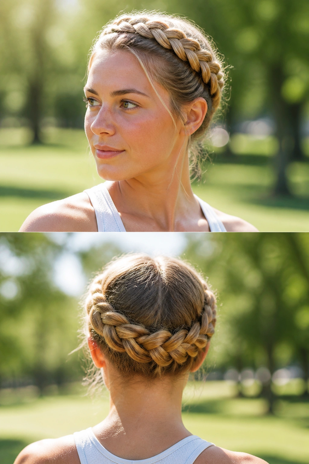 Real woman with braided crown hairstyle outdoors