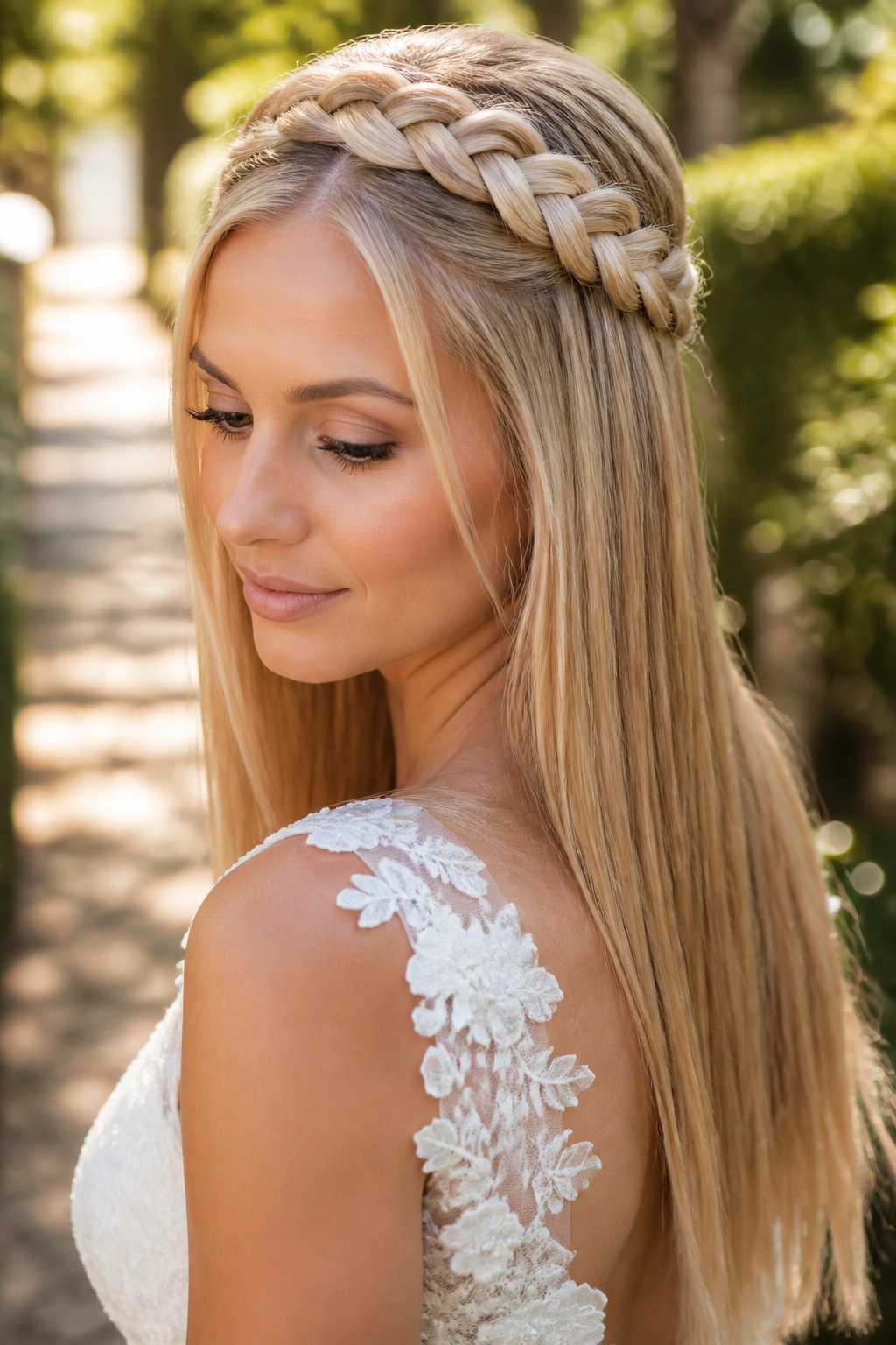 Bride with braided crown and straight lengths