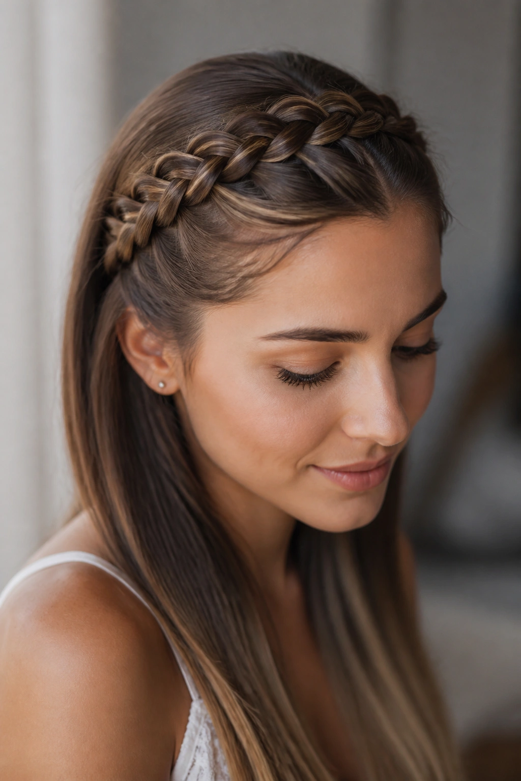 Close-up of a real woman wearing a braided crown on straight hair.