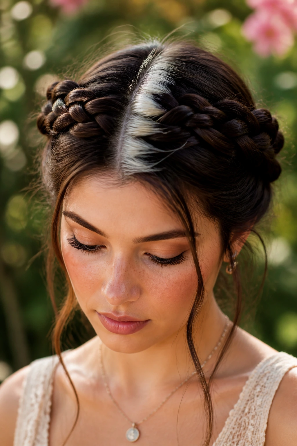 Real woman wearing braided crown with bold middle stripe in dark brown hair