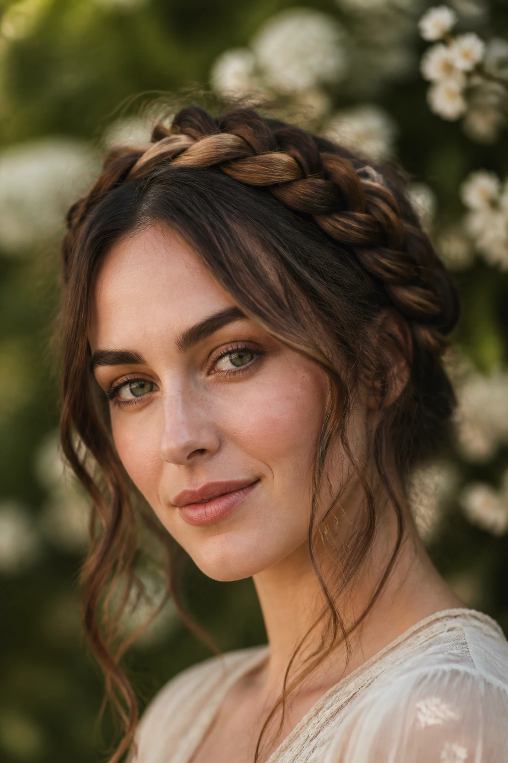 Portrait of woman with braided crown and soft tendrils