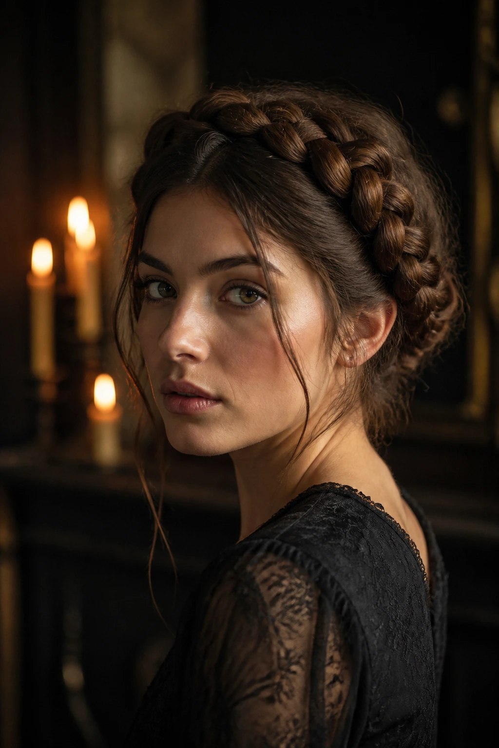 Close-up of a real person wearing a crown braid with loose tendrils at the temples