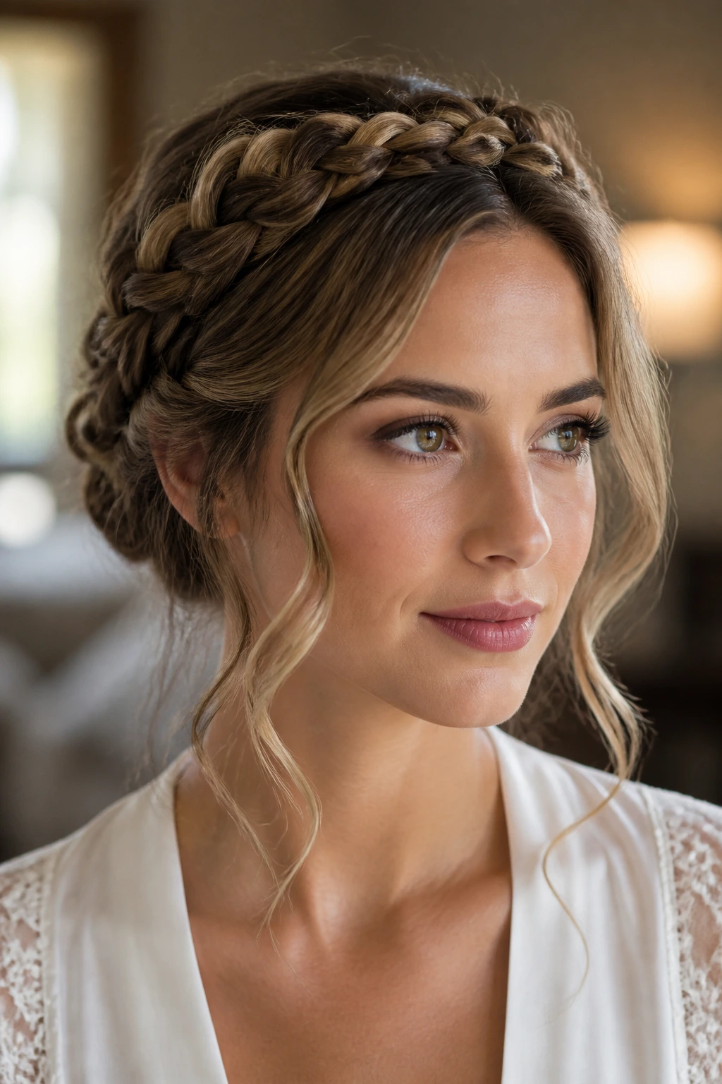 Close-up portrait of a woman wearing a braided crown with soft tendrils, bridal hairstyle in natural window light