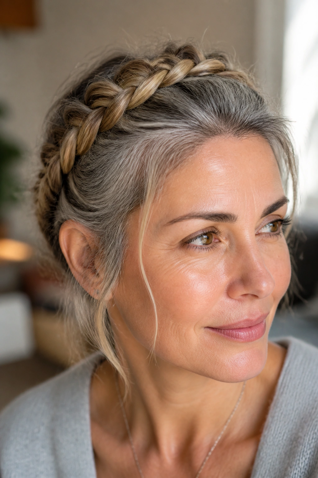 Close-up portrait of a woman wearing a braided crown during transition days with grey roots
